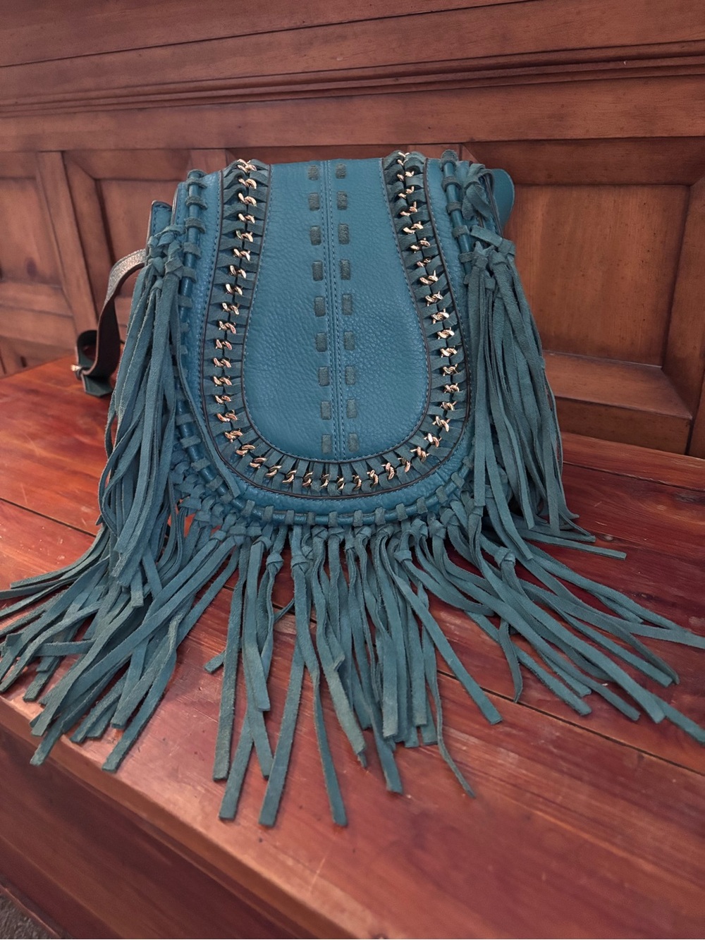 Aimee Kestenberg Teal Fringe Crossbody with Chain Trim
